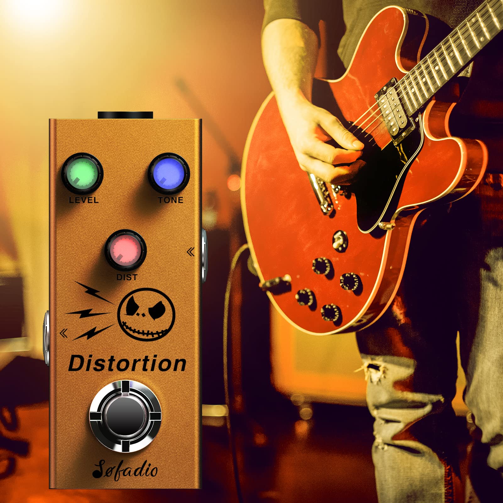 Sofadio Distortion Guitar Pedal, True Bypass DC 9V Mini Single Effect Pedals for Electric Guitars with Color LED Buttons Easy to Use in Dark Environment