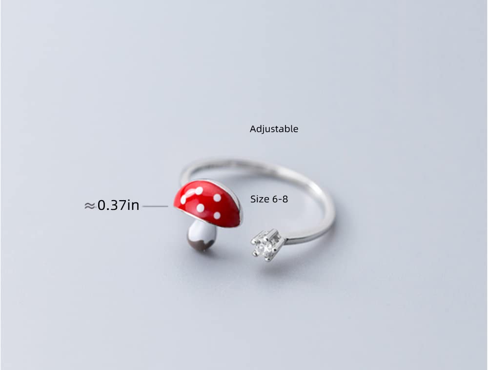 Cute Mushroom 925 Sterling Silver Open Band Ring for Women Girls CZ Expandable Creative Enamel Food Statement Finger Rings Adjustable Comfortable Dainty Birthday Easter Christmas Jewelry Gift