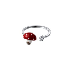 cute mushroom 925 sterling silver open band ring for women girls cz expandable creative enamel food statement finger rings adjustable comfortable dainty birthday easter christmas jewelry gift