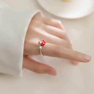 Cute Mushroom 925 Sterling Silver Open Band Ring for Women Girls CZ Expandable Creative Enamel Food Statement Finger Rings Adjustable Comfortable Dainty Birthday Easter Christmas Jewelry Gift