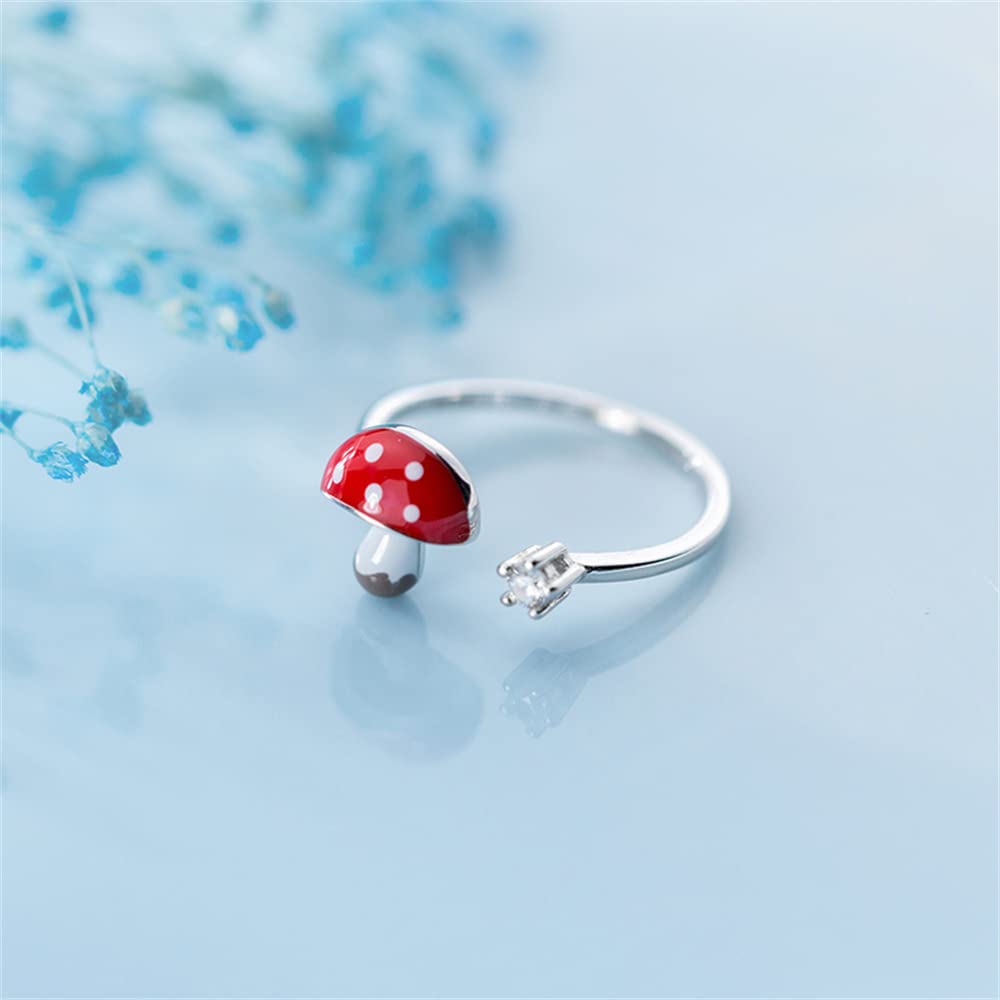 Cute Mushroom 925 Sterling Silver Open Band Ring for Women Girls CZ Expandable Creative Enamel Food Statement Finger Rings Adjustable Comfortable Dainty Birthday Easter Christmas Jewelry Gift