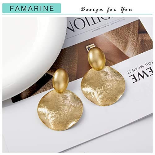 FAMARINE Matte Gold Big Disc Drop Dangle Earrings Statement Brushed Round Hammered Women Earrings Fashion Jewelry