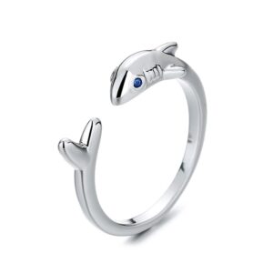 cute shark open rings sea animal fish blue cubic zirconia eye for women men sterling silver plated expandable adjustable wrap stackable finger knuckle ring fashion christmas birthday dainty jewelry gifts bff