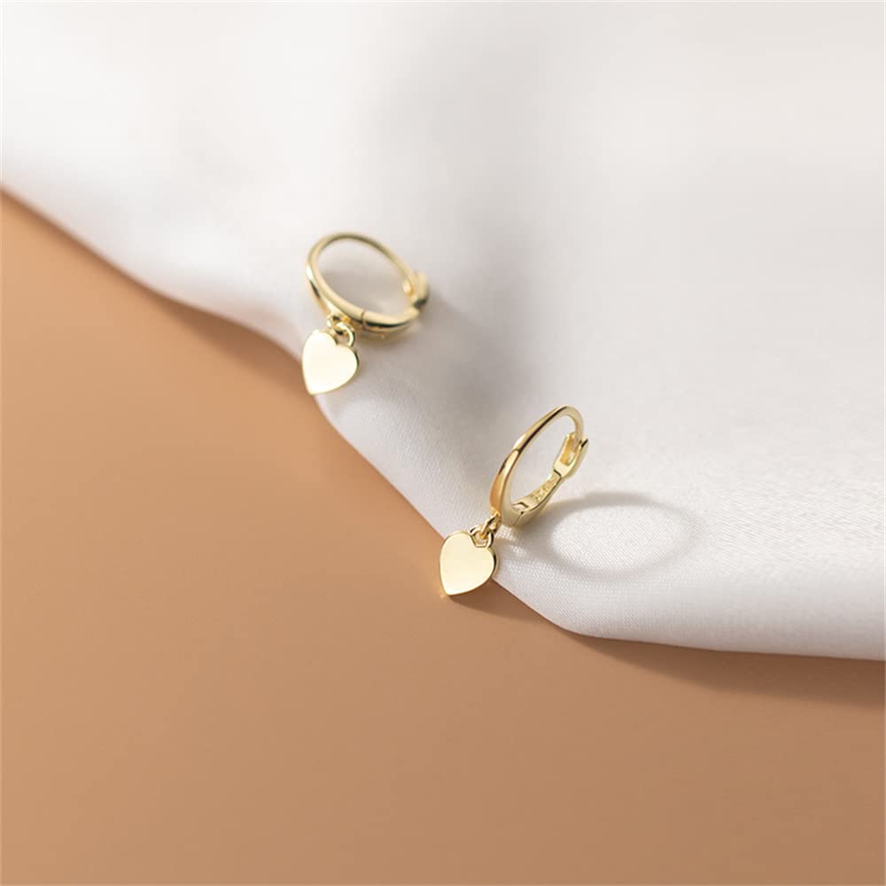 Dainty Heart Dangle Cartilage Small Hoop Earrings for Women 925 Sterling Silver Hypoallergenic Piercing Ear Cute Love Charms Huggie Hoops Minimalist Jewelry Gifts 8mm (14K Gold Plated)