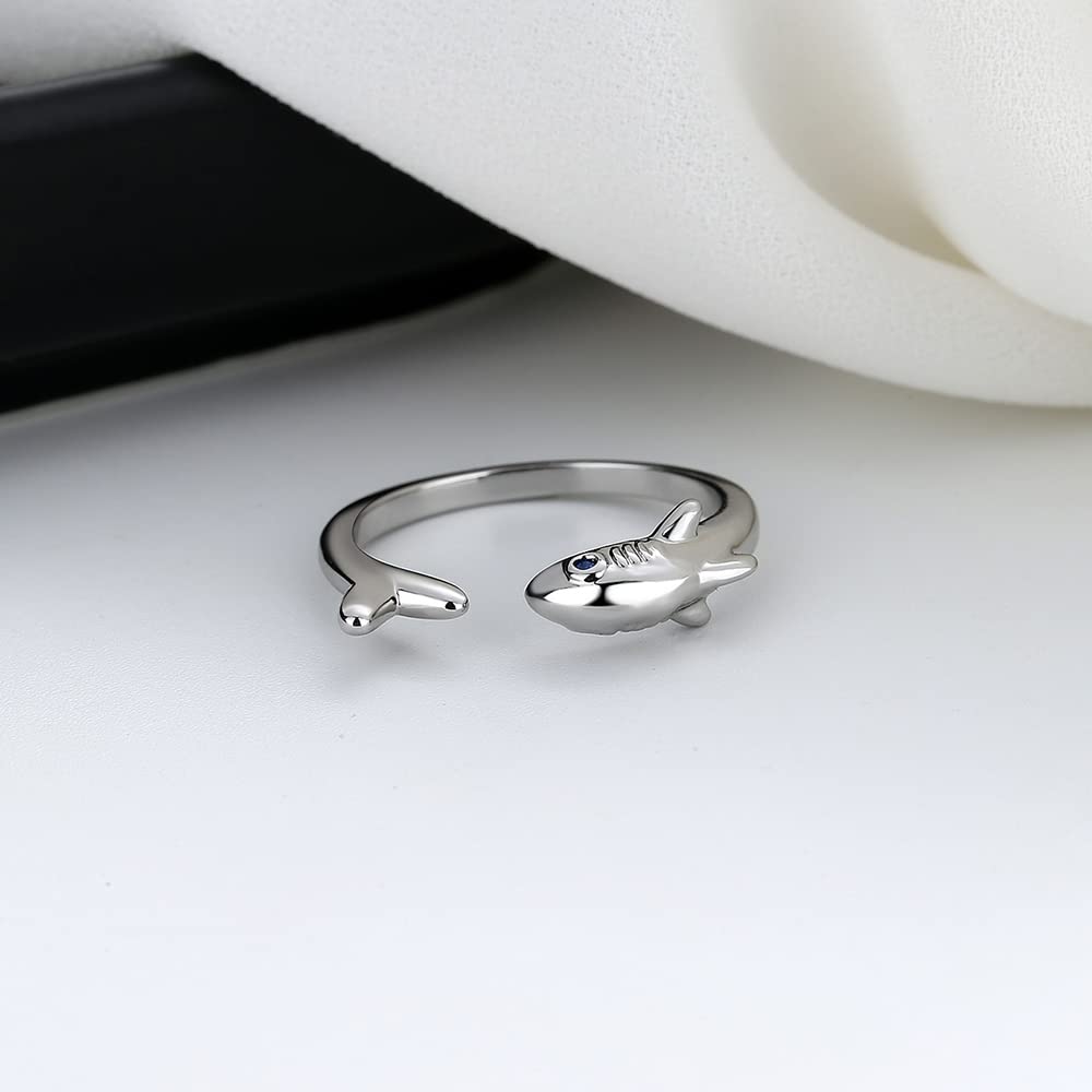 Cute Shark Open Rings Sea Animal Fish Blue Cubic Zirconia Eye for Women Men Sterling Silver Plated Expandable Adjustable Wrap Stackable Finger Knuckle Ring Fashion Christmas Birthday Dainty Jewelry Gifts Bff