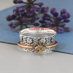 Honey Bee Spinner 925 Sterling Silver Meditation Ring Beautiful Flower Design Handmade Vintage Silver Spinner Ring (12.5)