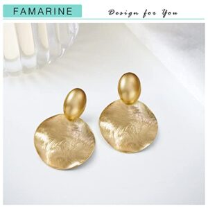 FAMARINE Matte Gold Big Disc Drop Dangle Earrings Statement Brushed Round Hammered Women Earrings Fashion Jewelry