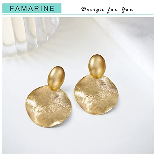 FAMARINE Matte Gold Big Disc Drop Dangle Earrings Statement Brushed Round Hammered Women Earrings Fashion Jewelry