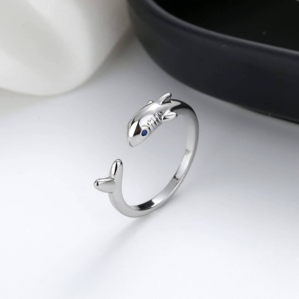 Cute Shark Open Rings Sea Animal Fish Blue Cubic Zirconia Eye for Women Men Sterling Silver Plated Expandable Adjustable Wrap Stackable Finger Knuckle Ring Fashion Christmas Birthday Dainty Jewelry Gifts Bff