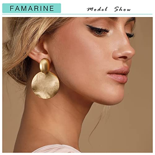 FAMARINE Matte Gold Big Disc Drop Dangle Earrings Statement Brushed Round Hammered Women Earrings Fashion Jewelry