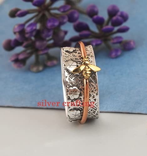 Honey Bee Spinner 925 Sterling Silver Meditation Ring Beautiful Flower Design Handmade Vintage Silver Spinner Ring (12.5)