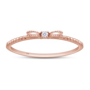 Round White Natural Diamond Accent 10k Solid Rose Gold Bow Ribbon Beaded Band Promise Ring (I-J Color, I2-I3 Clarity) Ring Size-5.5