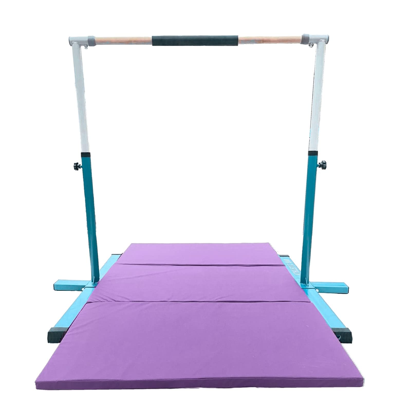 Athletic Bar Expandable Gymnastics Kip Bar 3 in 1 Set with 8 FT Adjustable Balance Tube, 6'x4' Mat for Kids, Horizontal Bar Junior Gymnastic Training Adjustable 3-5 FT Gymnast Asymmetric Bar Blue