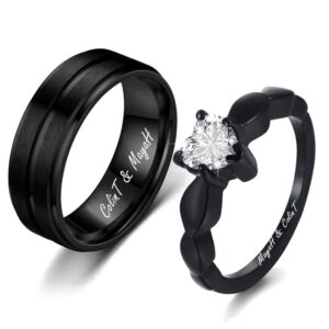 personalized matching promise rings for couples set with 2 rings black cz wedding and engagement ring set for women and men couples promise rings for him and her titanium inside engraved name rings