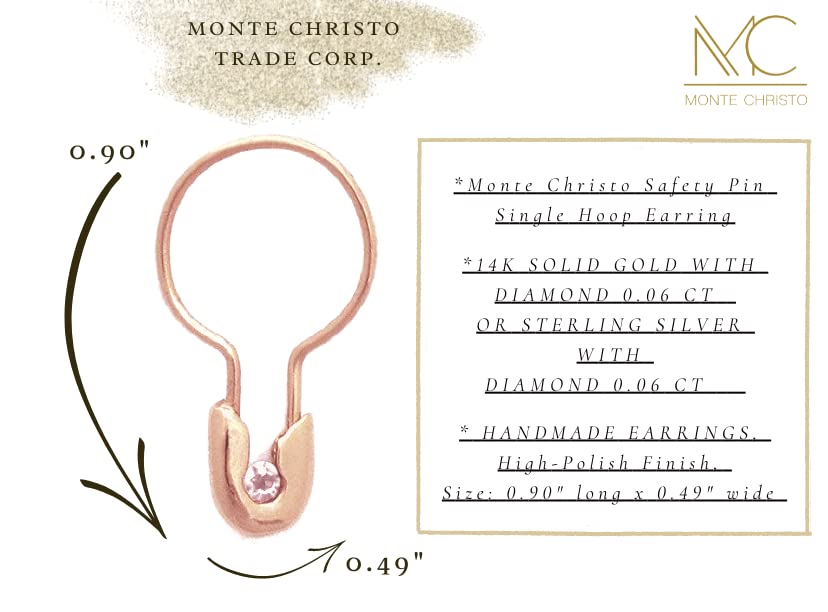 Monte Christo Diamond Safety Pin Hoop Earring | Single Earring | Handmade Gold Hoop Earrings | Jewelry Gift For Women | Hoop Earrings, Safety Pin Earrings, Charm Earrings | Made In The USA | Yellow Gold