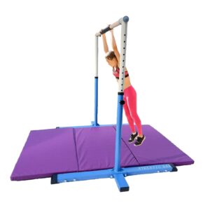 Athletic Bar Expandable Gymnastics Kip Bar 3 in 1 Set with 8 FT Adjustable Balance Tube, 6'x4' Mat for Kids, Horizontal Bar Junior Gymnastic Training Adjustable 3-5 FT Gymnast Asymmetric Bar Blue