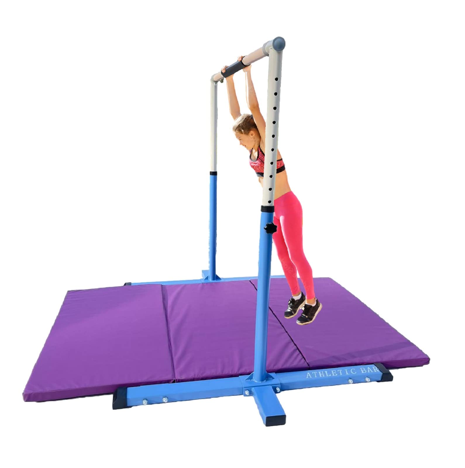 Athletic Bar Expandable Gymnastics Kip Bar 3 in 1 Set with 8 FT Adjustable Balance Tube, 6'x4' Mat for Kids, Horizontal Bar Junior Gymnastic Training Adjustable 3-5 FT Gymnast Asymmetric Bar Blue