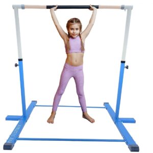 Athletic Bar Expandable Gymnastics Kip Bar 3 in 1 Set with 8 FT Adjustable Balance Tube, 6'x4' Mat for Kids, Horizontal Bar Junior Gymnastic Training Adjustable 3-5 FT Gymnast Asymmetric Bar Blue