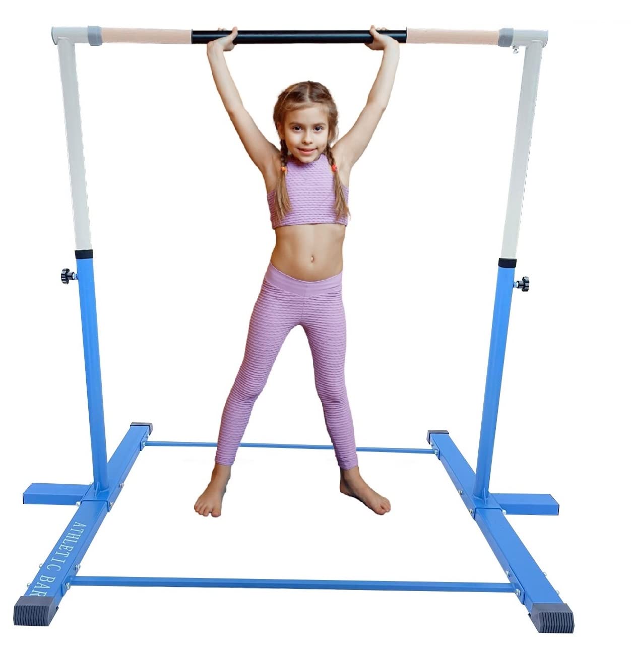 Athletic Bar Expandable Gymnastics Kip Bar 3 in 1 Set with 8 FT Adjustable Balance Tube, 6'x4' Mat for Kids, Horizontal Bar Junior Gymnastic Training Adjustable 3-5 FT Gymnast Asymmetric Bar Blue