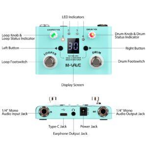 Btuty Effect Pedal Drum & Looper Effector Mini 2-in-1 Looper & Drum Machine Double Footswitch Looper Pedal Looper Guitar Pedal 30 Drums & 4 Loops High Tuner