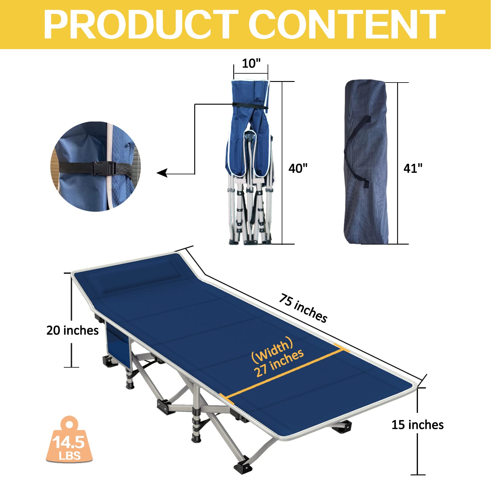 GETOVIN Cot, Camping Cot with Comfortable Thick Pad Cots for Sleeping Heavy Duty Camping Bed Folding Cot Double Layer Oxford with Carry Bag for Home Nap Outdoor Travel