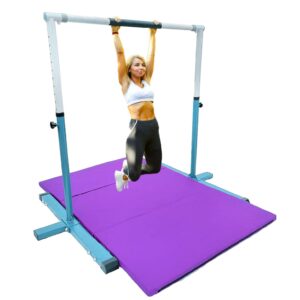 Athletic Bar Expandable Gymnastics Kip Bar 3 in 1 Set with 8 FT Adjustable Balance Tube, 6'x4' Mat for Kids, Horizontal Bar Junior Gymnastic Training Adjustable 3-5 FT Gymnast Asymmetric Bar Blue