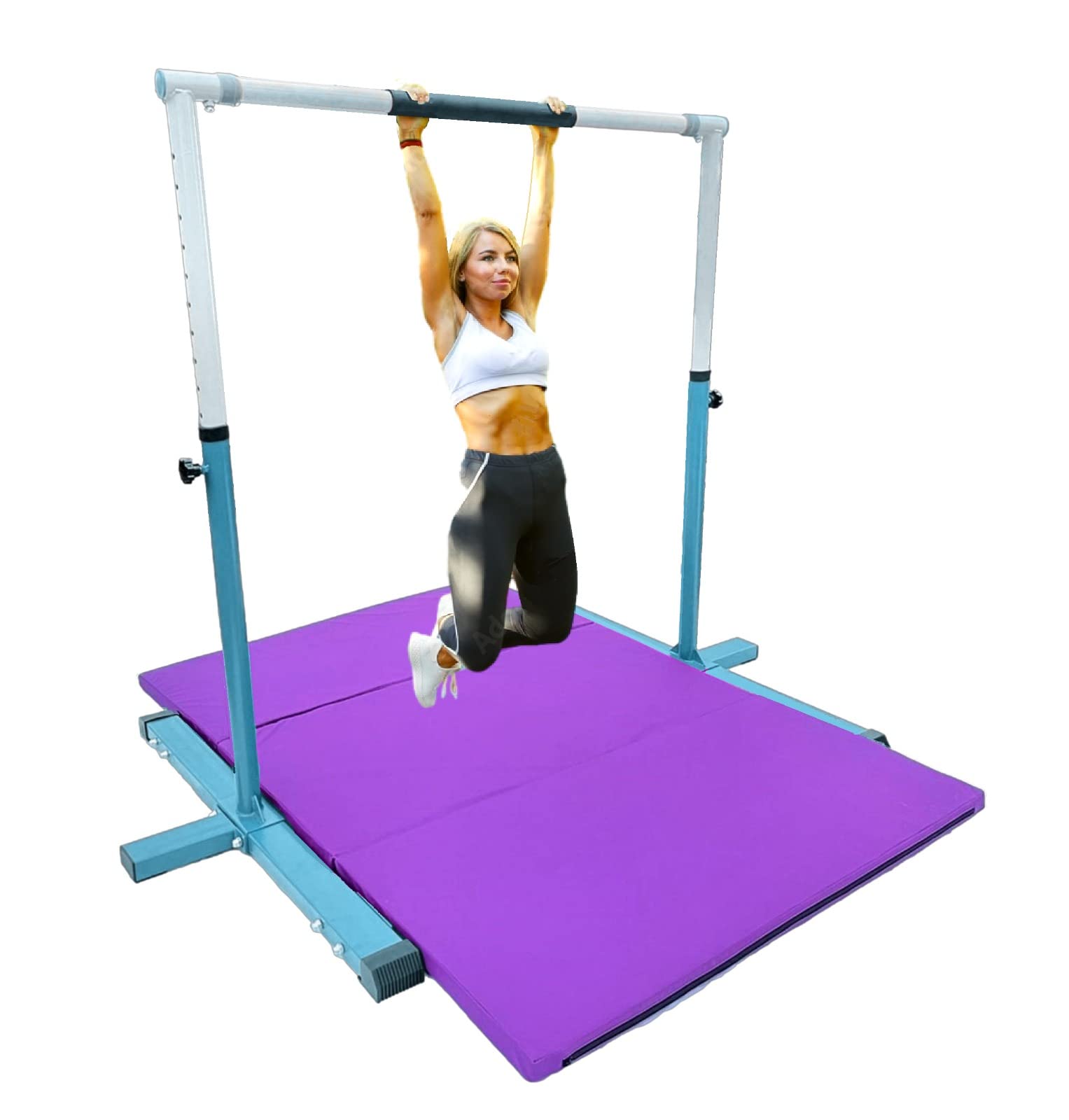 Athletic Bar Expandable Gymnastics Kip Bar 3 in 1 Set with 8 FT Adjustable Balance Tube, 6'x4' Mat for Kids, Horizontal Bar Junior Gymnastic Training Adjustable 3-5 FT Gymnast Asymmetric Bar Blue