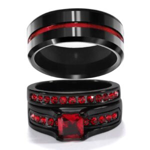 MASHAN Couple Rings Matching Rings His Her Ring Red CZ Women's Wedding Ring Sets Titanium Wedding Band