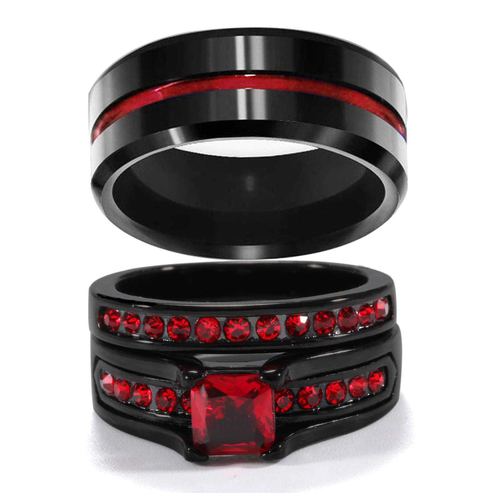 MASHAN Couple Rings Matching Rings His Her Ring Red CZ Women's Wedding Ring Sets Titanium Wedding Band