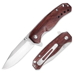 wood handle pocket knife, 2.9in 8cr13mov stainless steel blade, edc knife with belt clip for hunting, camping, hiking, and everyday carry, 6.5in