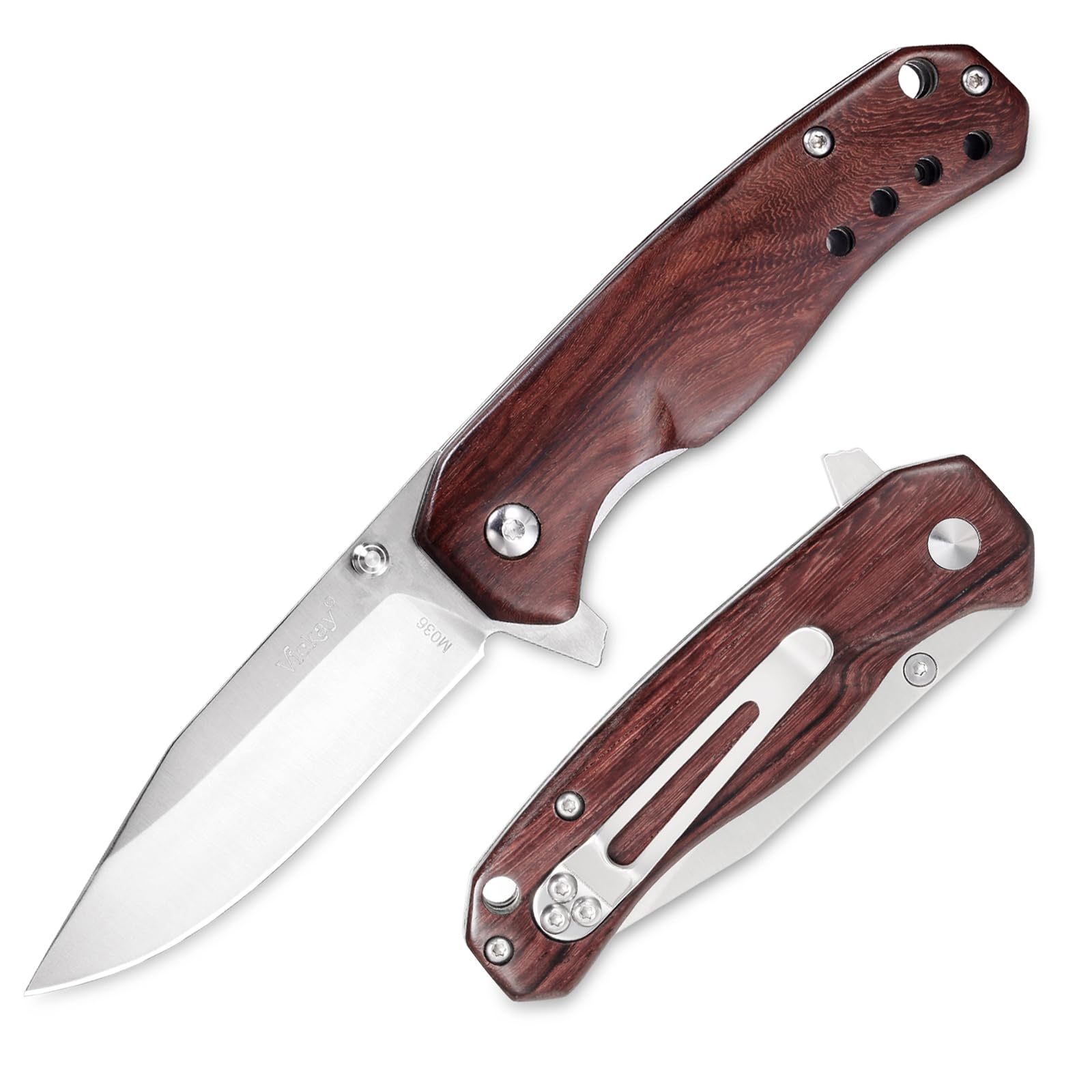 Wood Handle Pocket Knife, 2.9in 8Cr13MoV Stainless Steel Blade, EDC Knife with Belt Clip for Hunting, Camping, Hiking, and Everyday Carry, 6.5in