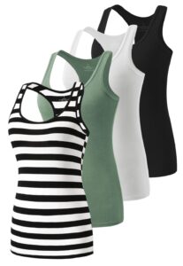 star vibe racerback workout compression tank tops for women scoop-neck basic tanks yoga undershirt sleeveless exercise activewear tops 4 pack black/white/army green/black stripe m