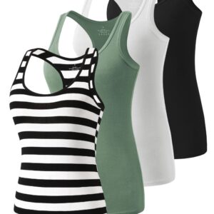 Star Vibe Racerback Workout Compression Tank Tops for Women Scoop-Neck Basic Tanks Yoga Undershirt Sleeveless Exercise Activewear Tops 4 Pack Black/White/Army Green/Black Stripe M