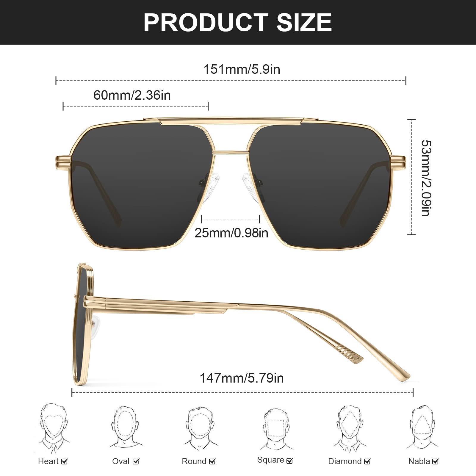 CHAOSELF Polarized Sunglasses for Women Men Retro Oversized Sunglasses Square Classic aviator Sunglasses UV Protection Lens