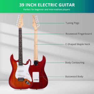 Ktaxon 39 Inch Electric Guitar, Full-Size Beginner Solid Body Guitar Kit with Gig Bag Strap Tremolo Bar Cable Picks (Sunset Red)