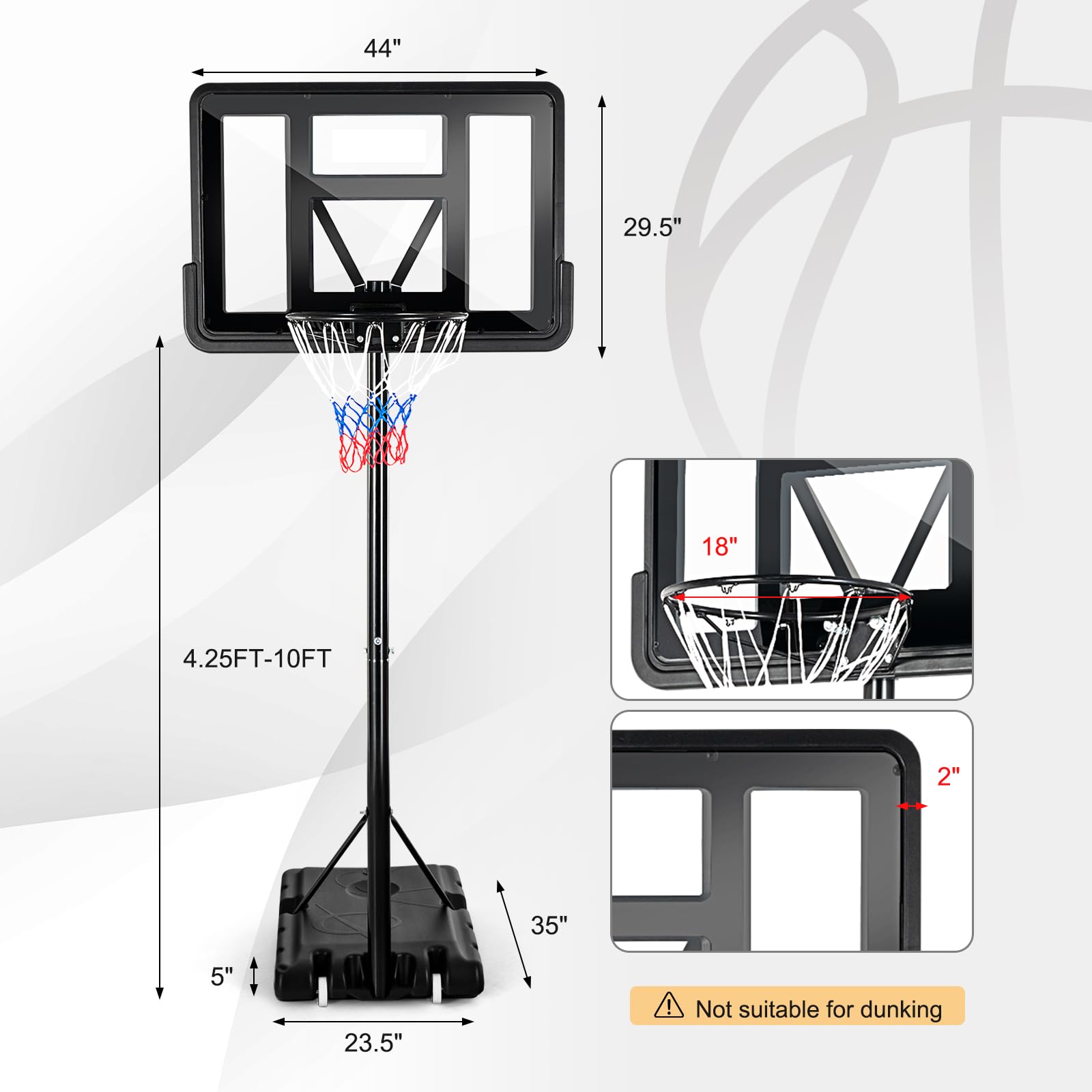 GYMAX Basketball Hoop Outdoor, 4.25 Ft to 10Ft Adjustable Basketball Goal with 44’’ Backboard & 18’’ Basket, All Weather Portable Basketball Stand w/Wheels, for Kids Youth Adult, Indoor Gym, Driveway