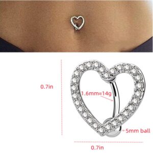 Dtja 14G CZ Love Heart Belly Button Ring Surgical Stainless Steel Cubic Zirconia Hypoallergenic Navel 5mm Round Ball Barbell Stud Body Piercing Jewelry 1 Piece