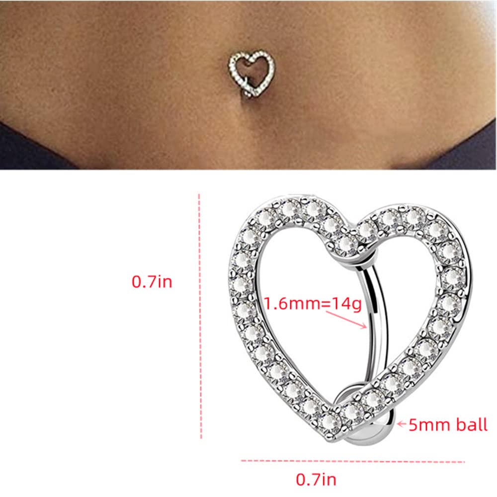 Dtja 14G CZ Love Heart Belly Button Ring Surgical Stainless Steel Cubic Zirconia Hypoallergenic Navel 5mm Round Ball Barbell Stud Body Piercing Jewelry 1 Piece