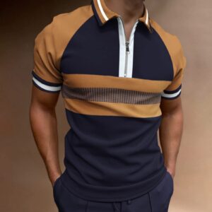 Men's Classic Short Sleeve Polo Shirt Zip Up Casual Summer Slim Fit T-Shirts Striped Graphic Printed Tops Beach Tees E-Khaki