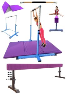 athletic bar expandable gymnastics kip bar 3 in 1 set with 8 ft adjustable balance tube, 6'x4' mat for kids, horizontal bar junior gymnastic training adjustable 3-5 ft gymnast asymmetric bar blue