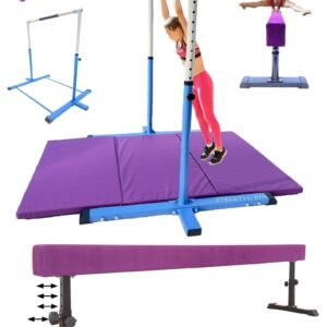 Athletic Bar Expandable Gymnastics Kip Bar 3 in 1 Set with 8 FT Adjustable Balance Tube, 6'x4' Mat for Kids, Horizontal Bar Junior Gymnastic Training Adjustable 3-5 FT Gymnast Asymmetric Bar Blue