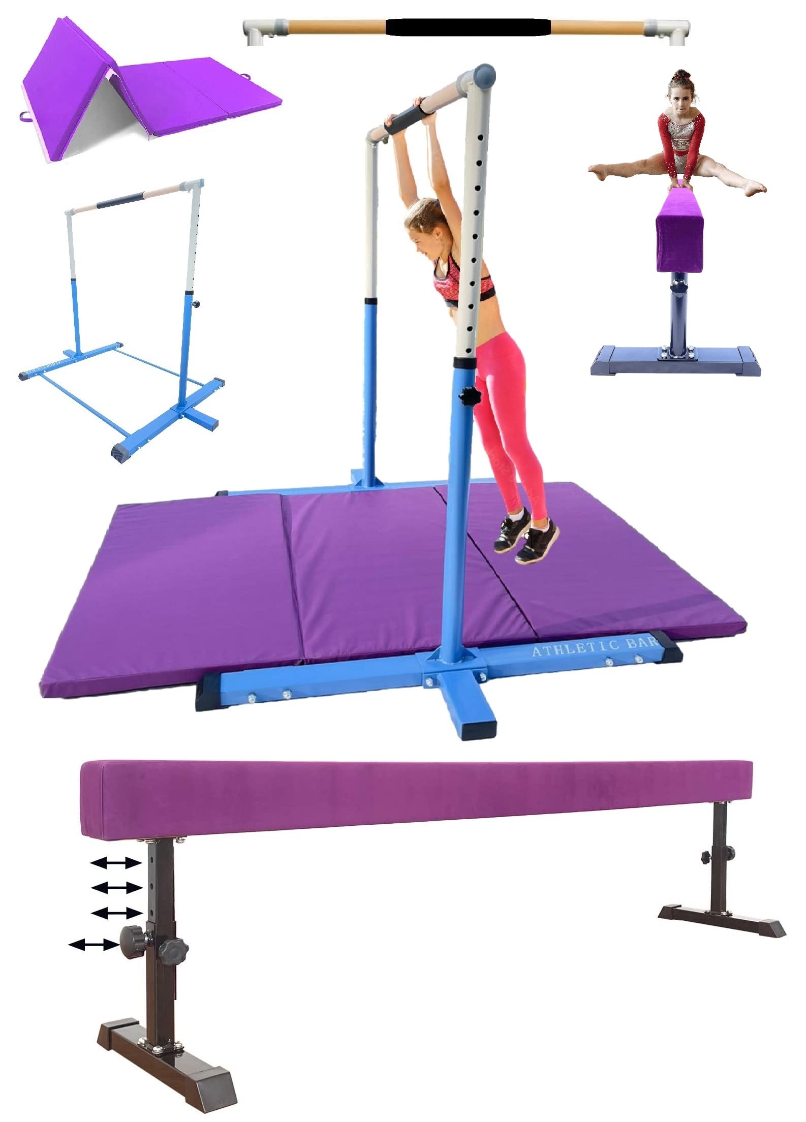 Athletic Bar Expandable Gymnastics Kip Bar 3 in 1 Set with 8 FT Adjustable Balance Tube, 6'x4' Mat for Kids, Horizontal Bar Junior Gymnastic Training Adjustable 3-5 FT Gymnast Asymmetric Bar Blue