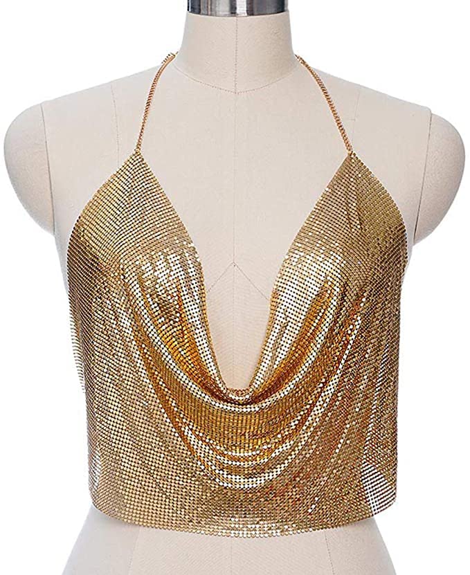 Ginfonr Sexy Sequins Body Chain Crop Top Belly Women Golden Fashion Jewelry Waist Bra Hot Bikini Beach Harness Dance Birthday Anniversary Festival Gift Night Club Party Rave Outfit for Lady Girls