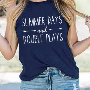 Summer Days and Double Plays Tank Tops Women Funny Baseball Shirt Casual Sleeveless Softball Muscle Tank Vest (Blue, L)