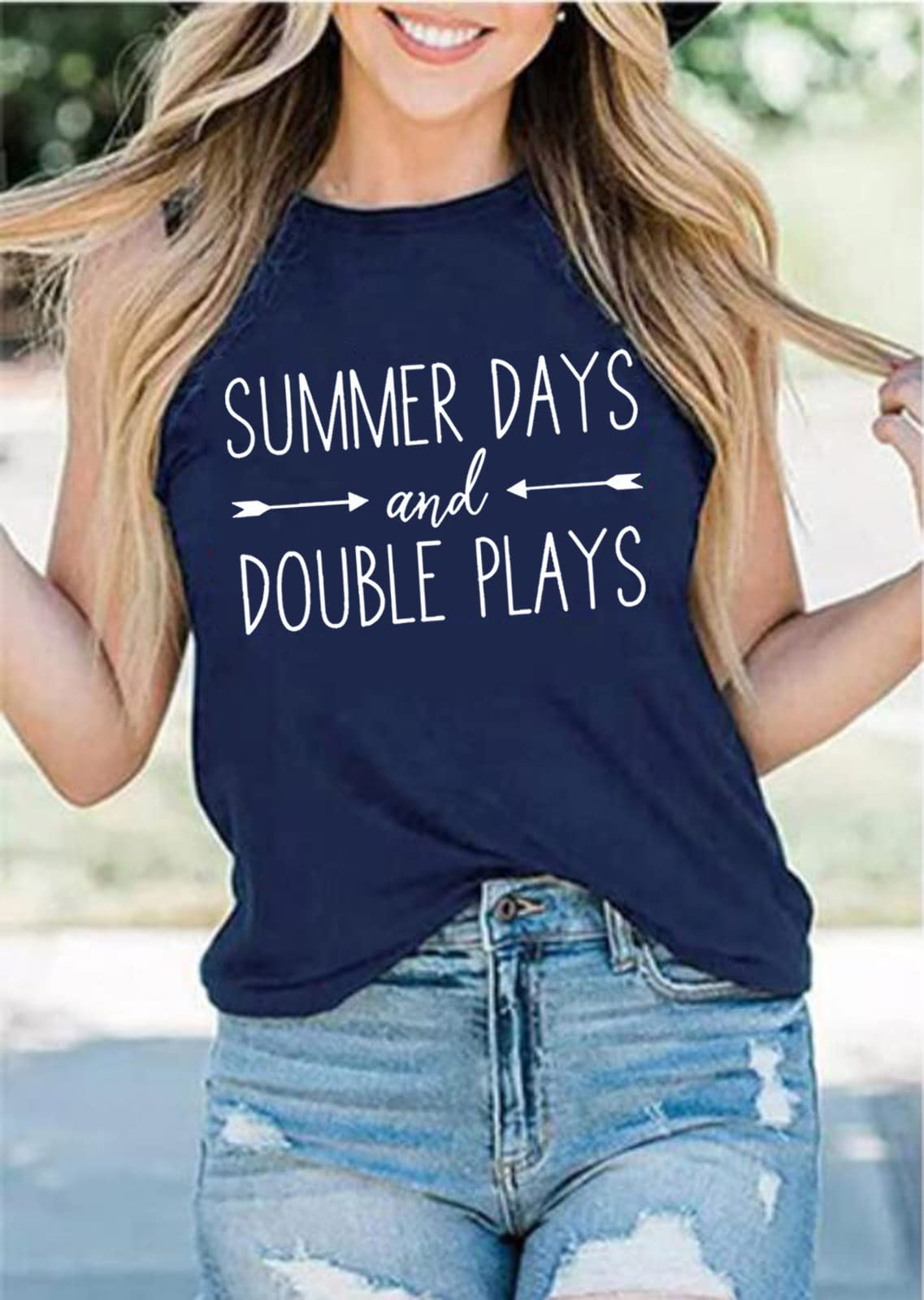 Summer Days and Double Plays Tank Tops Women Funny Baseball Shirt Casual Sleeveless Softball Muscle Tank Vest (Blue, L)