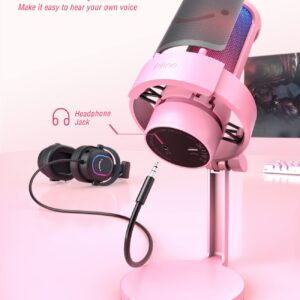 FIFINE USB Streaming Gaming Microphone, PC Condenser Desktop Mic for Video, Home use, YouTube, with RGB Control, Gain Knob, 3.5mm Headphone Jack, Shock Mount, on Computer/PS5-AmpliGame A8 Pink