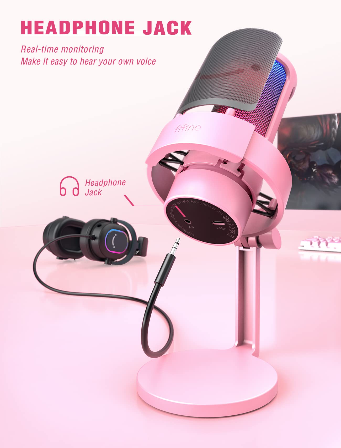 FIFINE USB Streaming Gaming Microphone, PC Condenser Desktop Mic for Video, Home use, YouTube, with RGB Control, Gain Knob, 3.5mm Headphone Jack, Shock Mount, on Computer/PS5-AmpliGame A8 Pink