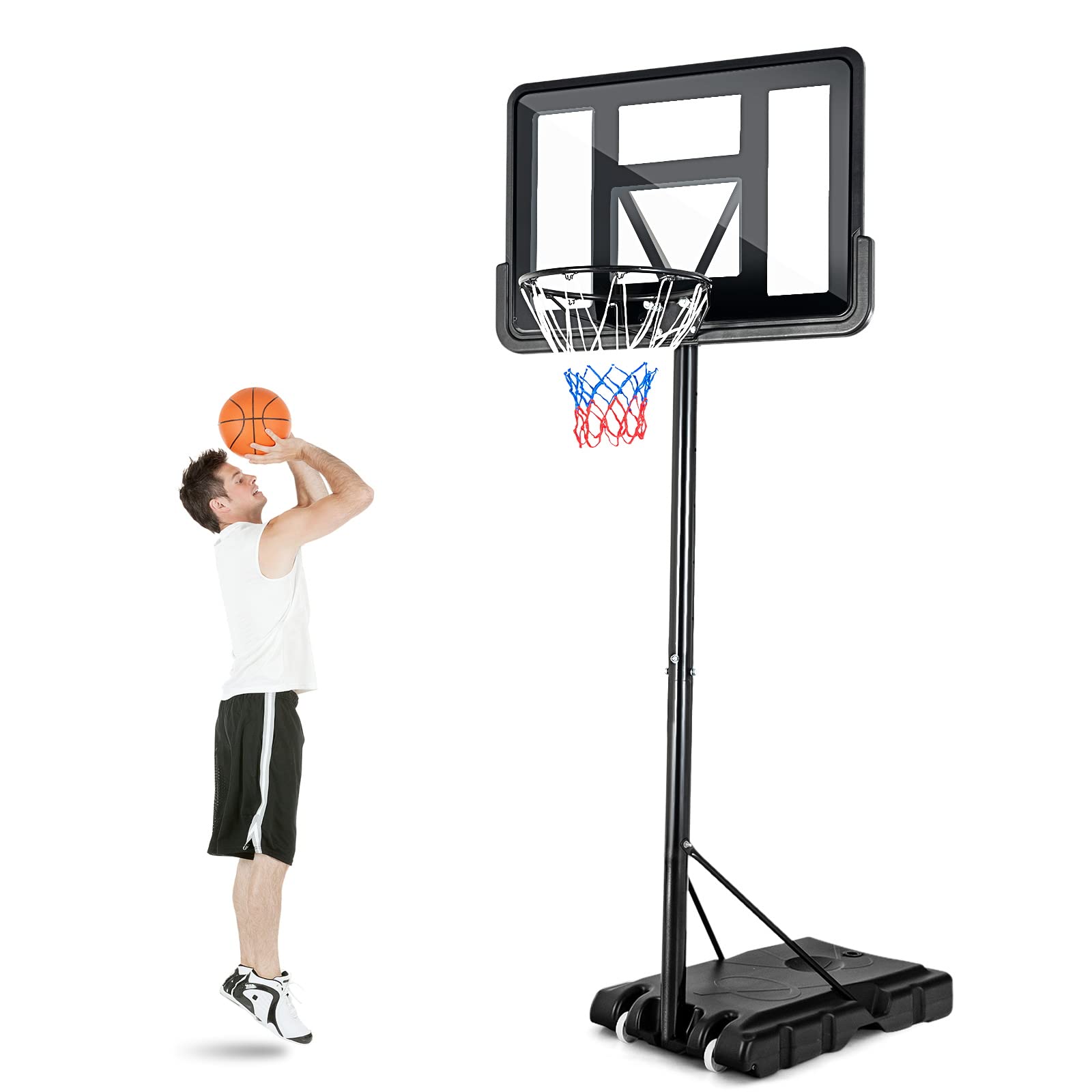 GYMAX Basketball Hoop Outdoor, 4.25 Ft to 10Ft Adjustable Basketball Goal with 44’’ Backboard & 18’’ Basket, All Weather Portable Basketball Stand w/Wheels, for Kids Youth Adult, Indoor Gym, Driveway