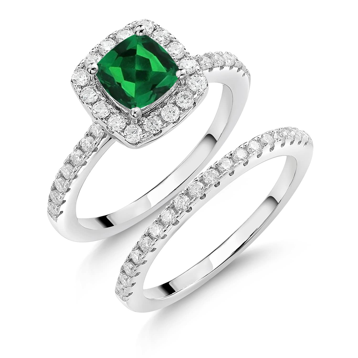 Gem Stone King 925 Sterling Silver Cushion Green Nano Emerald and White Moissanite Wedding Engagement Ring Band Bridal Set For Women (1.52 Cttw, Available In Size 5, 6, 7, 8, 9)