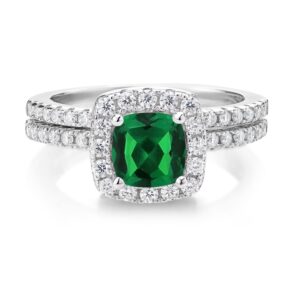 Gem Stone King 925 Sterling Silver Cushion Green Nano Emerald and White Moissanite Wedding Engagement Ring Band Bridal Set For Women (1.52 Cttw, Available In Size 5, 6, 7, 8, 9)